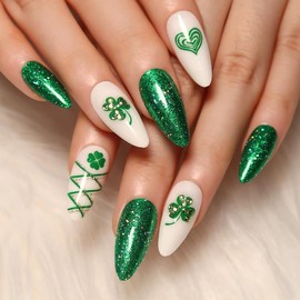 NewsinDee Press On Nails - UV Coated Cover Graphic Green White Almond False Nails, Stick On Fake Nails | Salon Quality | 12 Sizes - 24 Nail Kit for St. Patrick's Day