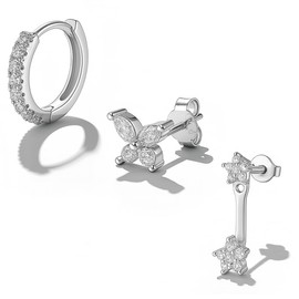 Silber Ohrringe Set für Damen, 3 Paar Stapelbares Ohrstecker & Creolen, Hypoallergene 925 Silber Schmuck, Trendiges Ohrpiercing Set für Mehrere Piercings