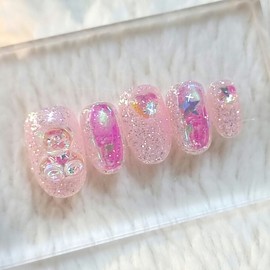 Pink Bear Star UruUru Handmade Nail Tip - Short Ballerina / 핑크 곰돌이 스타 우루우루 수제네일팁 - 숏발레리나