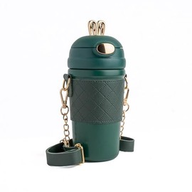 Green Insulated Water Bottle, Water Bottle with Straw, Stainless Steel Water Bottles, Cute Water Bottle for Children, Thermos with Straw and Leak-Proof lid, BPA Free, Rabbit Ear, Water Bottle Kids