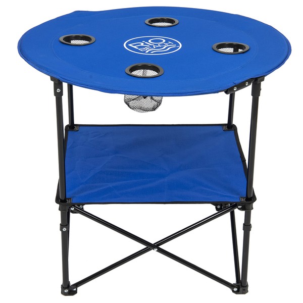 Rio Brands 28" Round Lightweight Fabric Portable Folding Beach Table with Cupholders, Blue