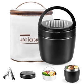 1.2 Litre Thermal Food Storage Bowl, Black, Thermal Bowl with Lid, Stainless Steel Warming Bowl with Spoon, Food-Safe Leakproof, Thermal Soup Lunch Box, Baby Food