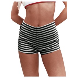 MakeMeChic Women's Stripes Pattern Knitted Shorts Elastic Waist Skinny Fit Track Shorts, Black and White, Large