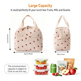 Arae Lunch Bags for Women Reusable - Large Insulated Lunch Box Lightweight Tote for Work, Travel, Beach & Daily Use, Strawberry - Beige