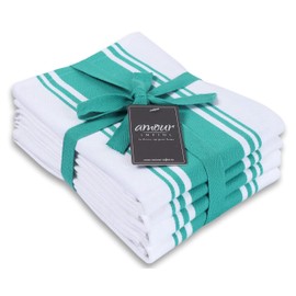 AMOUR INFINI Classic Stripe Kitchen Dish Towels | 4 Pack | 28 x 20 Inch, Over Sized | Multi-use Kitchen Towels |100% Ring Spun Premium Cotton | Highly Absorbent Tea Towels | Teal