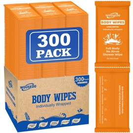 300 Pcs Ultra Thick Soft Large Body Wipes Individually Wrapped(7.87" x 9.45"),Shower Wipes for Adults Bathing No Rinse,Personal Cleansing Wipes for Travel Gym,Bulk Deodorant for Homeless(Orange)