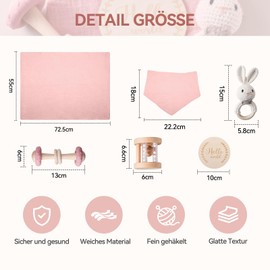 Newborn Gift Set 6 Pieces Baby Gift Set Girls Boy Bath Towels, Bib, Wooden Toy, Crochet Rabbit Rattle and Milestone Cards, Gift Packaging (Pink Suit + Rabbit)