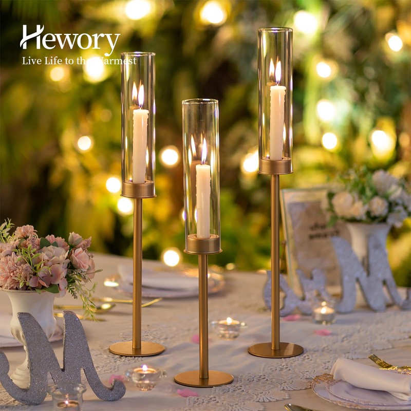Hewory Gold Tall Hurricane Candlestick Holders: 6Pcs Brass Taper Candle