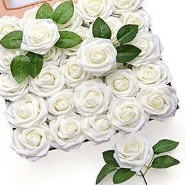 Mocoosy - 50 rosas artificiales de color blanco marfil para decoraciones, rosa de espuma de aspecto real a granel con tallos para bricolaje, decoración floral