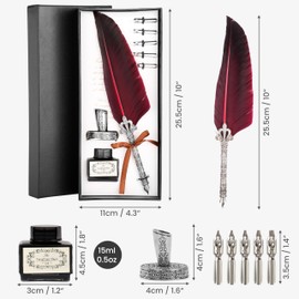 BELLE VOUS 8 Piece Calligraphy Red Feather Pen Set with Holder, Ink Bottle and Nibs - Ink Dip Quill Feather Writing Pen with Black Ink, 5 Assorted Nibs & Holder - Ideal for Beginners and Adults