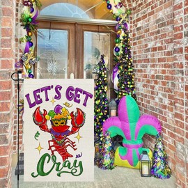 CROWNED BEAUTY Mardi Gras Crawfish Garden Flag Lets Get Cray 12x18 Inch Double Sided for Outside Small Burlap Holiday New Orleans Carnival Celebration Yard Decoration CF1696-12