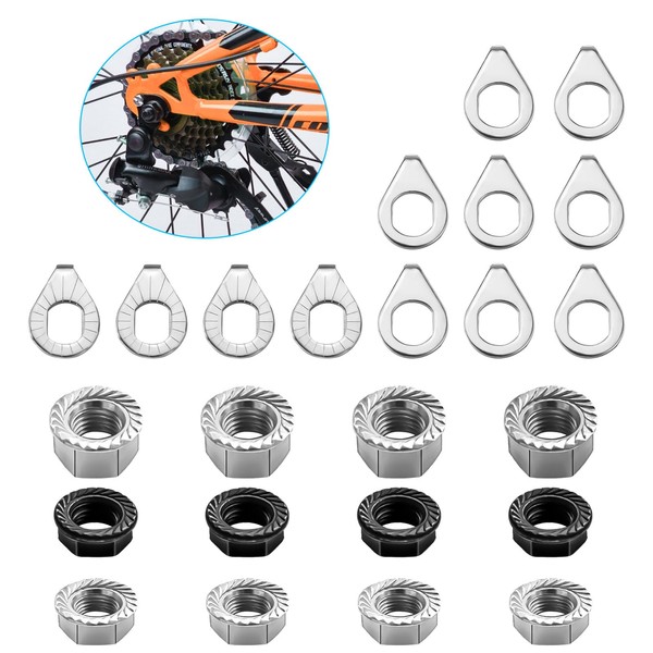 Syocsek 24PCS Bike Nuts and Safety Washers, M8 M9.5 M10 Bicycle Axle Nuts Kit, 3 Sizes Bike Wheel Nuts Washers Black Silver, Bike Hub Nuts for Front Rear Wheel of City Road Mountain Bike (Upgraded)