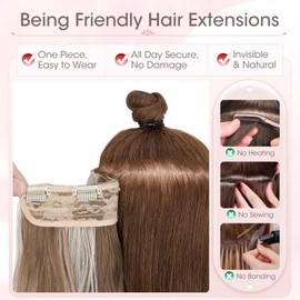 Silk-co One Piece Clip In Hair Extensions Curly 180g Hairpieces 5 Clips Wavy Curly Synthetic 3/4 Half Full Head for Laides and Women 24 Inch（60 cm） Medium Brown mix White Blonde