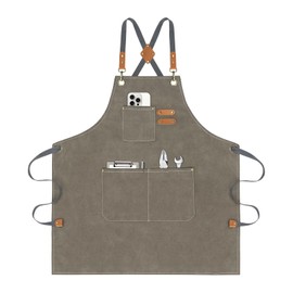 AOLEBA Aprons for Men & Women,Canvas Chef Apron with Cross Back Adjustable,For Kitchen, Garden, Cafe, Gifts for Dad Father Men, M-XXL (Grey Brown)