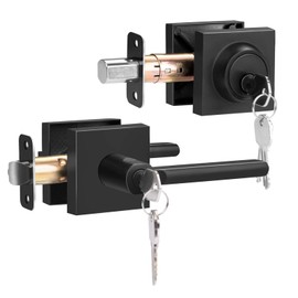 HOSOM Entry Door Handle and Single Cylinder Deadbolt Front Door Lock Set, Keyed Alike Heavy Duty Exterior Door Lock Set, Door Lever with Lock & Keys for Office, Reversible Matte Black
