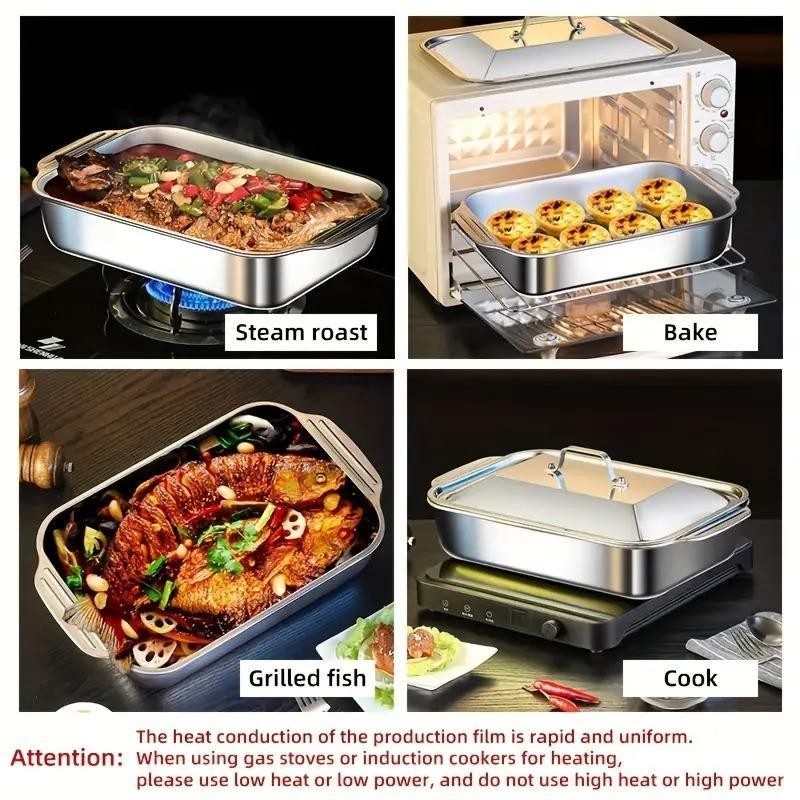 Stainless Steel Baking Pan with Lid, 1 Count Non-stick Rectangular