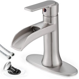 HOIGY Bathroom Waterfall Faucet Single Handle, Brushed Nickel Faucet Bathroom Brass 1 Hole or 4 Inch 3 Hole Bathroom Sink Faucet, Restroom Faucets for Sink with Drain & Deck Plate for Hotel Apartment