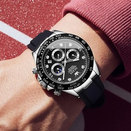 OLEVS Mens Watches Sport Silicone Band Chronograph Multifunction Luxury Diamond Moon Phase Analog Quartz Male Wrist Watches for Men Waterproof Luminous