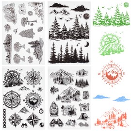 CRASPIRE 4 Sheets Compass Mountain Tree Clear Rubber Stamps Forest Scenery Background Reusable Transparent Silicone Stamp Seals Vintage for Journaling Card Making DIY Scrapbooking Supplies Crafting