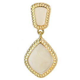 Elegant Gold Coloured Rhombus Dotted Statement Dangle Drop Stud Earrings with Cream Enamel, Resin, No Gemstone