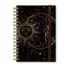 DHGPTS Spiral Journal Notebook, A5 Cute Notebooks for Women Men, College Ruled Hardcover Notebook for Work & Note Taking, 60 Pages Double-Wire Journals for Writing, Gold Sun Moon