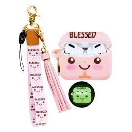 for AirPod Pro Case with Keychain Wristlet, OULRAEFS Soft Silicone Skin Case Cute Case Cover with Key Lanyard for Airpods Pro 2019, Gifts for Women, Pink Blessed(Faint Glow in The Dark)