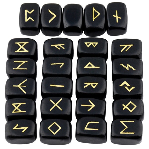 SUNYIK Natural Black Obsidian Rune Stones Set with Engraved Elder Futhark Alphabet Lettering Polished Healing Crystal Kit