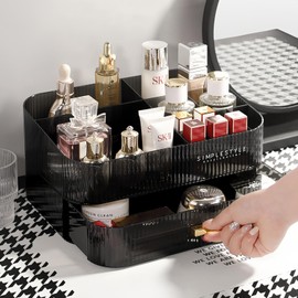 Decorcode Makeup Organizer for Vanity, Large Desk Organizer with Stackable Drawer for Cosmetics, Skincare, Lipsticks, Palette, Nail Care, Ideal Storage for Dresser and Bathroom Countertop- Black