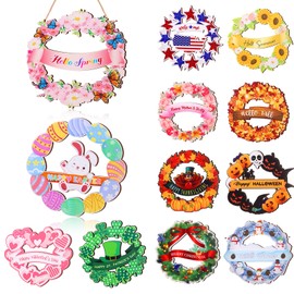 Geelin 12 Pcs Easter Seasonal Sign 12 Inch Hello Spring Door Decoration Rabbit Wood Wreath Holiday Wall Hanging Art for Easter 4th July Summer Outdoor Decor