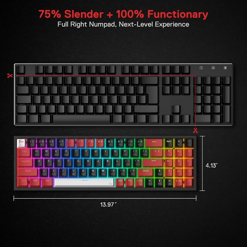 Redragon K628 PRO 75% 3-Mode Wireless RGB Gaming Keyboard, 78