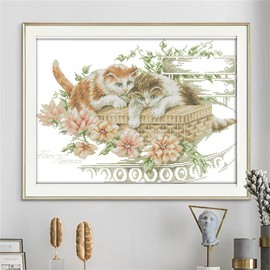 JOYSEWING Stamped Kits Cross Stitch Kits Beginners Embroidery 11CT Needlepoint Kits Counted Patterns Embroidery DIY Home Decoration 22×16.9inch (Flowers and Cats (Printed))
