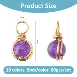 SUPERFINDINGS 60Pcs 10 Colors Natural Stone Pendants Round Pendants Quartz Crystal Stone Charms Beads Charms Gold Copper Wire Wrapped Pendants for DIY Jewelry Making