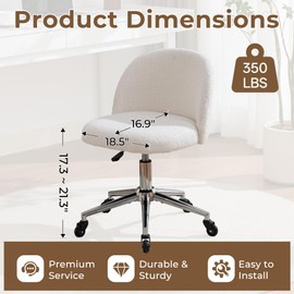 Home Office Chair with Quiet Wheels - Armless Vanity Chair Vanity Stool, 360 Swivel Height Adjustable White