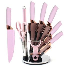 Knife Set, 9Pieces Stainless Steel Non Stick Kitchen Knife Block Set, Sharp Cutlery Knives Set with Sharpener Knives Set with Rotatable Storage Stand Scissors (Pink)