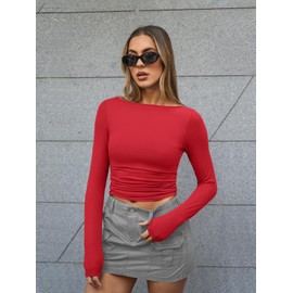 Trendy Queen Women's Boat Neck Tops Long Sleeve Shirts Casual Fitted Tee Shirts Solid Color Fall Basic Clothes Red M