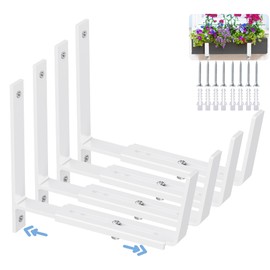 HFHOME 4 PCS Adjustable Planter Box Brackets (6 to 12.5 in), Universal Window Box Brackets, Heavy Duty Metal Flower Box Wall Mounting Hooks for Balcony, Fences, Patio, and Garden - White