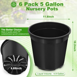 DUNPUTE DUNPUTE 1/2/3/5/7 Gallon Pots for Plants, 5 Gallon Plastic Nursery Pot with Drainage Holes, Sturdy Plastic Plant Pots for Nursery Garden, Flowers, Succulent Outdoor Indoor (Black, 5 Gal- 6 Pack)