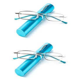 Newbee Fashion - "Pocket" Readers Ultra Compact Spring Temple Reading Glasses w/Portable Pocket Clip Aluminum Case Soft Blue +2.25