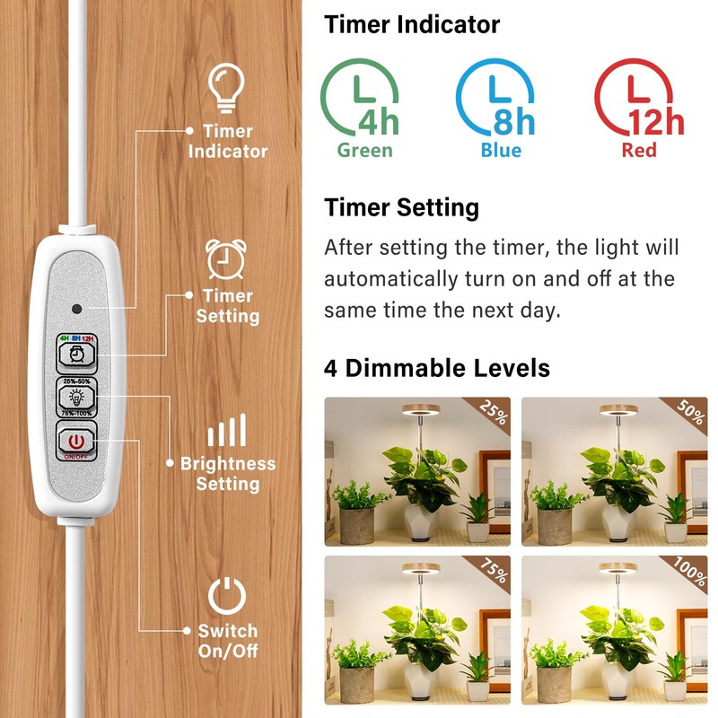 LORDEM Bamboo Base Desktop Grow Light, LED Plant Lamp with