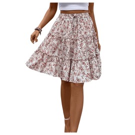 WDIRARA Women's Floral Print Ruffle Hem Elastic High Waist Tie Front Skirt Apricot Large