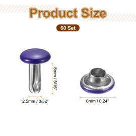 sourcing map 60 Sets Double Cap Leather Rivets, 6x8mm Round Cap Tubular Metal Studs Leather Crafting Rivets for Fabric Belt Pet Collar Boot Bag Repair and Decoration, Purple