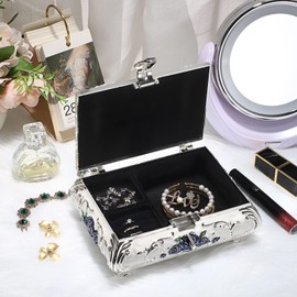 SUMNACON Vintage Metal Small Jewelry Box Trinket Box with Blue Flower Pattern, Retro Trinket Storage Organzier Box Jewelry Holder Box for Rings Earrings Necklace, White (Size L)