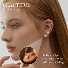 PICKBEAU Pearl Stud Earrings Set for Women, Hypoallergenic Heart Ball Studs Pack 316L Stainless Steel CZ Earrings 3-8mm, Silver