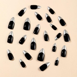 Black Press on Nails Medium Almond Fake Nails Glossy Stick on Nails Silver French Tip False Nails Full Cover Glue on Nails Acrylic Nail Kit for Coquette Women Girls Manicure 24 Pcs