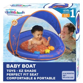 SwimSchool Deluxe Baby Float with Adjustable Canopy - 6-24 Months - Baby Swim Float with Splash & Play Activity Center Safety Seat - Blue/Orange