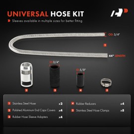 A-Premium 44" Universal Flexible Radiator Hose - Stainless Steel Water Hoses Adapter Coolant Hose Kit - with 4Pcs Polished Aluminum Caps (8 Clamps) Silver