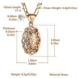 HZMAN 14K Gold Plated Oval Hollow Virgin Mary Prayer Necklace for Women Our Lady of Guadalupe Colorful Cubic Zirconia Amulet Pendant Jewelry Gift
