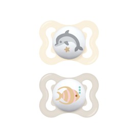 MAM Air Dummy 2-6 Months (Set of 2), MAM Dummy 2-6 Months for Sensitive and Sensitive Skin, 2-Piece Set with Natural Rubber Teat and Steriliser Dummy Holder, Neutral/Grey