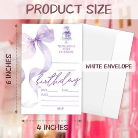 Eronm Purlpe Bow Birthday Party Invitations- 20 Pack Girls Birthday Invite with Envelopes- Cute Birthday Party Invitation Cards for Kids- Party Decorations Supplies (4''x6'')-A08