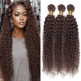 Dokksiiia Chocolate Color 4 Brown Curly Wave Bundles Human Hair Dark Brown Color #4 Kinky Curly Weave Bundles Brazilian Hair Extensions 24 26 28 Inch for Black Women